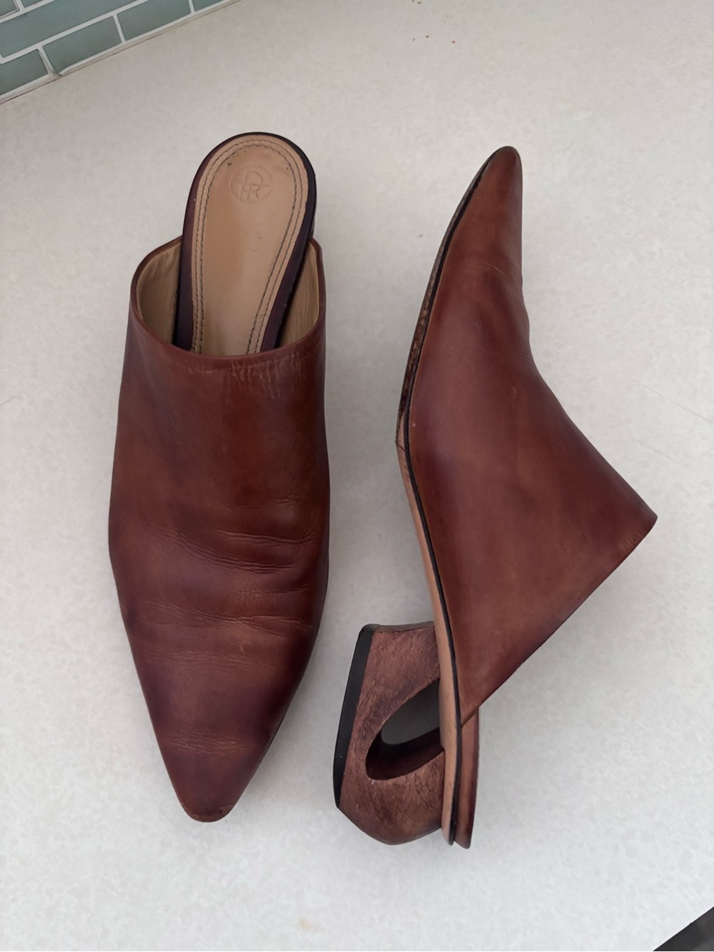 The Row Haya Cognac Leather Pointed Toe Mule Wood Heel
